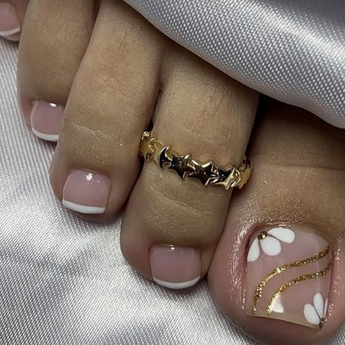 24 Stück Fussnägel zum Kleben Square Kurze, Weiß Blumen Französische Künstliche Zehennägel zum Aufkleben, Nude Rosa Sommer Falsche Zehennägel Full Cover Acryl Natürliche Fußnägel Tips für Frauen