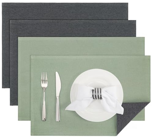 Banchif Tischsets abwaschbar doppelseitig Platzset Platzdecken abwaschbar | Platzsets abwaschbar Leinenimitat 4er Set doppelseitige Tischsets maschinenwaschbar rechteckig Platzdecken (Grau-Salbeigrün)