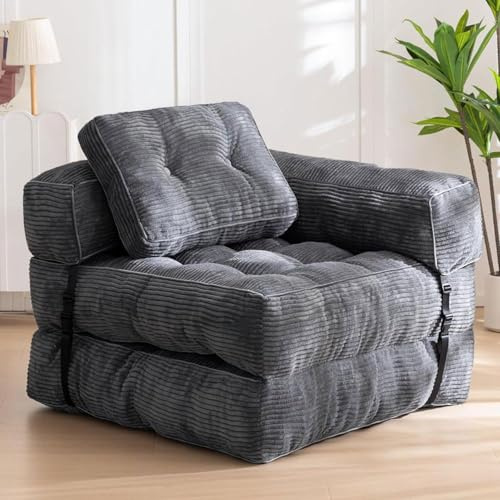Klappes Sofa Bett, Cabrio -Schläferstuhl mit kissenfaltbarer Matratze mit Rückenstütze, Futon -Couch -Bett mit abnehmbaren Armlehnen, Knochenloses Couch Gray with armrests