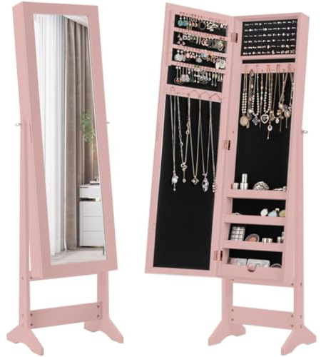 RELAX4LIFE Schmuckschrank drehbar, Schmuckregal mit kippbarem Ganzkörperspiegel, Schmuckaufbewahrung mit Tür & Ständer, Viel Stauraum für Ohrringe & Ringe & Halskette & Kosmetik & Armbänder (Rosa)