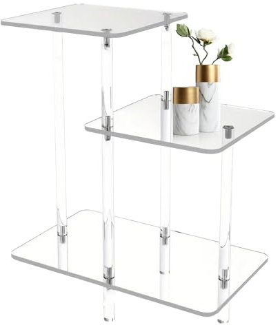 Bexdug Mesa de acrílico para decoración del hogar, mesa auxiliar de exhibición de 3 capas transparente para vestíbulo, hogar, patio, apartamento, libro, teléfono, pasillo, dormitorio, sala de estar
