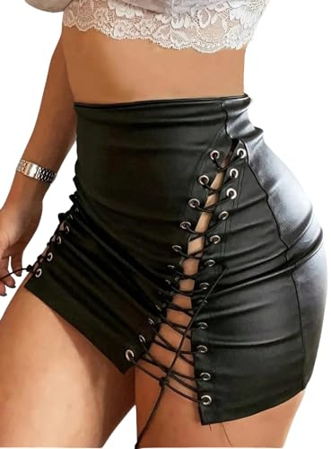 Floerns Women's High Waist Leather Mini Skirt Lace Up Side Night Out Bodycon Skirts Black Small