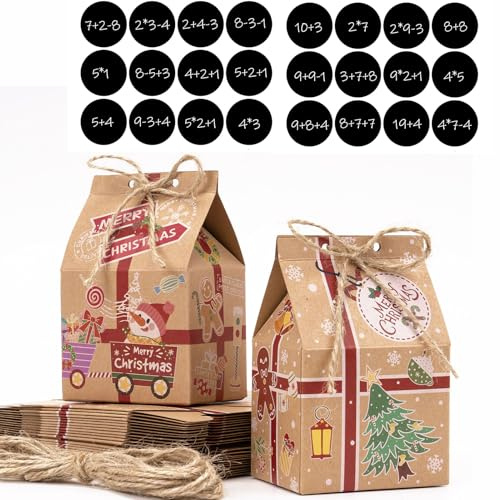HERZWILD 24pcs Adventskalender zum Befüllen Adventskalender Häuser zum Aufhängen oder Aufstellen mit Zahlenaufkleber，Weihnachtskalender DIY Bastelset,Schachteln zum Befüllen für Weihnachten (B-24pcs)