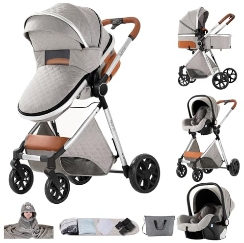 MoLi Kinderwagen 3 in 1, Kinderwagen Set Umkehrbarem Doppelschiebemodus, Kombikinderwagen 3 in 1 Großer Bequemer Babywanne, Buggy Rahmen Aluminiumlegierung Faltbar Hohe Landschaft (YV9 Light Grey)