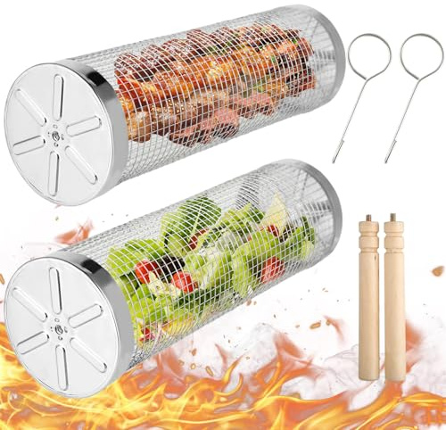 Kievano Juego de 2 Cestas para Barbacoa de Acero Inoxidable 304 con Mango de Madera y Gancho, Extremos Cerrados Antiescaldaduras, Para Verduras, Carne y Mariscos, Camping y Jardín
