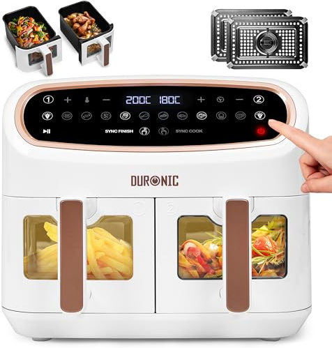 Duronic XXL Digital Air Fryer AF24 WE 10L Family Size Air Fryers Oil Free Double Drawer 10in1 Dual Zone Extra Large AirFryer with window for Family Cooking with Dishwasher Safe Non-Stick Baskets White