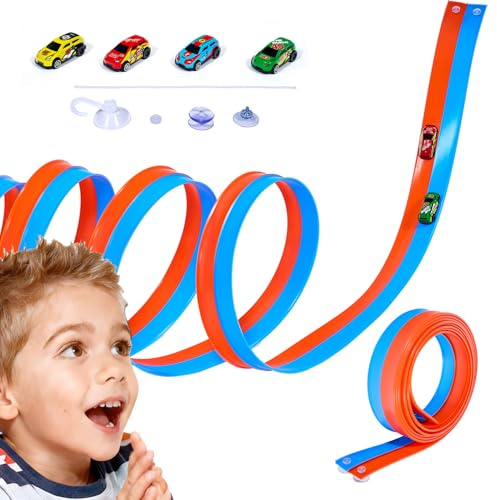 Havnidy 20Ft Flexible Toy Car Race Track | Double Lane Blue & Orange Portable Track | Roll-Up Car Track for Boys & Girls Ages 3-8 | Indoor & Outdoor Racing Fun Gift
