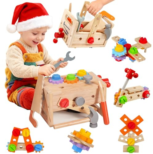 CXCOSRY Caja de herramientas de madera para niños: set de 29 piezas de herramientas de madera Montessori con maletín – juguete educativo para fomentar la motricidad para niños y niñas