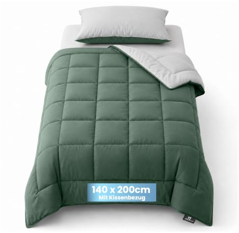 Slaapspeciaal Bettdecke ohne Bezug 135x200 - Ganzjahresdecke Wärmeklasse 2 | Steppdecke mit Gelfasern für Daunengefühl [Softcell Füllung] - Extra Weich - Inklusive waschbarem Kissenbezug - Grün Grau