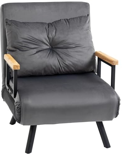 HOMCOM Fauteuil Convertible 1 Place Oreiller Siège Rembourré Gris Foncé