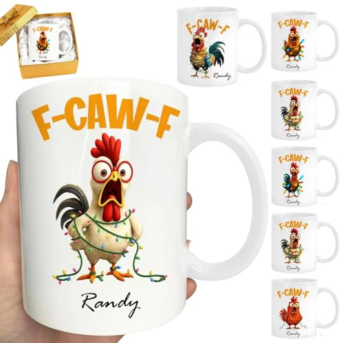 Tazza da caffè in ceramica personalizzata con pollo Caw-F 325 ml, tazza sarcastica Caw-F, nome personalizzato Crazy Rooster Pollo Humor tazza da caffè regalo per gli amici degli impiegati, tazza