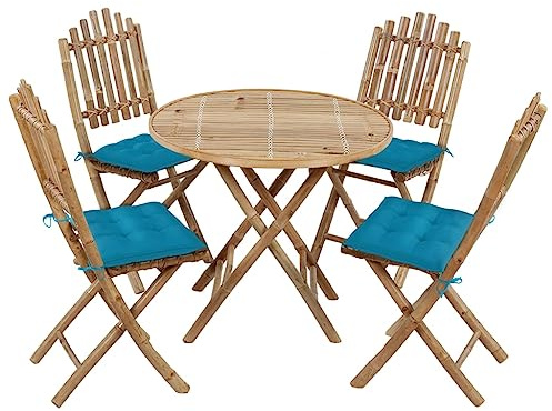 QJBSAVVA 5-TLG. Klappbare Bambus-Essgruppe 80 cm, Hellblau, Langlebig & platzsparend, Sitzgruppe Outdoor für Balkon Garten Terrasse