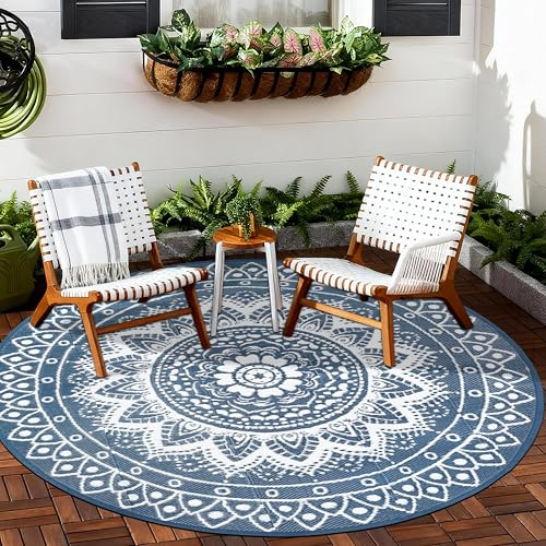 VSIWB Tapis d'extérieur Rond pour terrasse 180cm réversible imperméable et Pliable bohème pour Camping-carTapis de Pique-Nique et de Camping pour RV, Balcon, Plage, terrasse, Bleu/Blanc