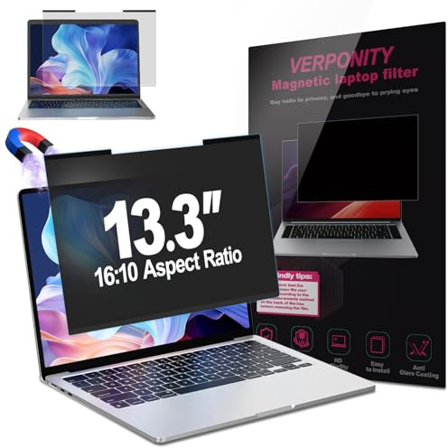 Verponity Magnetic Laptop Privacy Screen 13.3 Inch 16:10 Display, Removable Computer Screen Privacy Shield, Anti-Glare Blue Light Protector Compatible with Dell Hp Lenovo Acer Asus Samsung