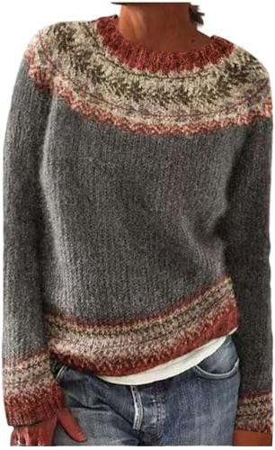 Norweger Pullover Damen Fair Isle Strickpullover Elegant Bunt Cashmere Wollpullover Rundhals Langarm Große Größen Kaschmir Winterpullover Bequem Weich Knit Sweater Warm Herbst Winter Outfit Jumper