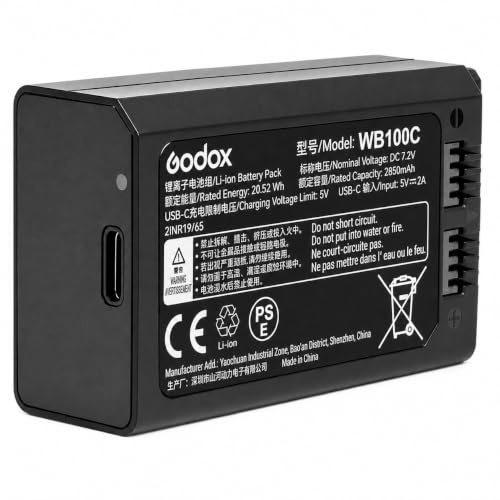 Godox WB100 C WB100C litiumbatteri 7,2V 2850mAh med inbyggd USB-C laddport, ersättningsbatteri för Godox AD100Pro, AD100ProII, V1, V1Pro, V100, V850III och MF-R76 blixtar