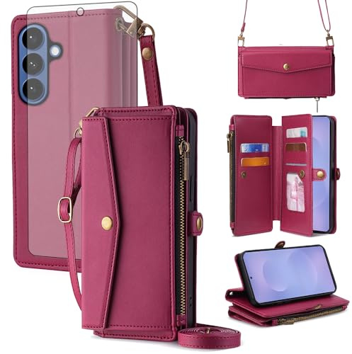 Asuwish Coque pour Samsung Galaxy S26 Plus S26+ 5G Portefeuille avec Verre Trempé et Cordon Porte Carte Chaine PU Cuir à Clapet Housse Support S 26 + 26+ S26Plus 26S Téléphone Case Femme Homme Rouge