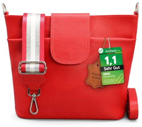 Brise Art ELLIE Damen Umhängetasche Echtleder Handgefertigt Crossbody Bag | [Test SEHR GUT, Note 1.1], Echtes Leder, Schultertasche mit Ledergurt & wahlweise gemustertem Riemen, 6 Fächer, Made in Italy