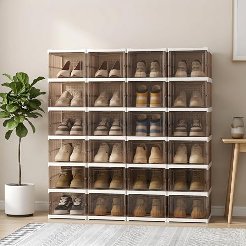 HOMICKER Schuhboxen Stapelbar, 24 Ebenen, Transparent, Faltbar, Dickem Kunststoff, für Sneaker bis Größe 46, Platzsparend, 1-Min Montage, Braun