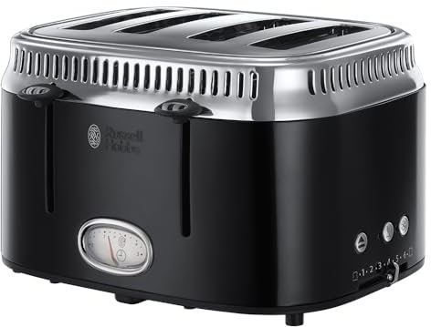 Russell Hobbs 4 Slice Toaster (Stainless steel with retro accents,Fast toasting, Countdown gauge, Lift & Look feature, Variable browning levels, Cancel, frozen & reheat function, Black) Retro 21691