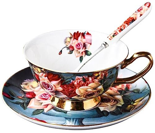 Eplze YBK Tech Euro Style Bone China Cup& Saucer Set, Ceramic Tea Coffee Cup for Home Kitchen Wedding (Vintage Rose Pattern)