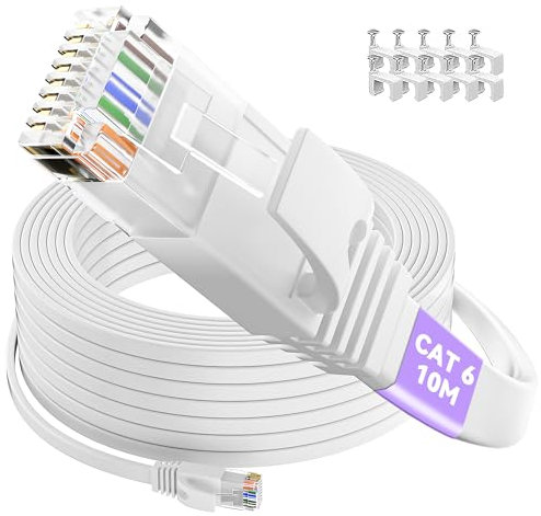 Ethernet Cable 10m, Cat 6 Flat Internet Cable 10m Long High Speed RJ45 Network Cable 10/100/1000Mbps 250MHz, White Gigabit Patch Cord 10 meter LAN Cable Broadband for Router Switch Modem (10 Clips)