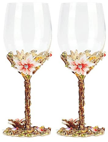 XUDREZ Red/White Wine Glass, Handmade Painted Enamel Flower Gin Wine Glass Long Stem Lead Free Crystal Wine Glasses, Ideal Gifts for Women Mum Friends Mothers Day (Set of 2)