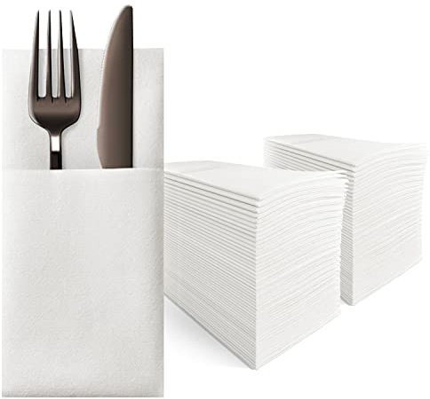 KMAKII Disposable Dinner Napkins with Built-in Flatware Pocket Elegant Cloth Like Napkin Wedding Party Napkins Linen Feel Pocket Napkins for Parties, Weddings, Events 16x16 inches, 100 Count