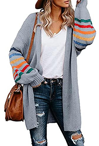 PAIDAXING Damen Cardigan Lang Strickmantel Bunte Gestreift Ärmel Strickjacke Herbst Winter Atmungsaktive Jacke Strickware Pullover