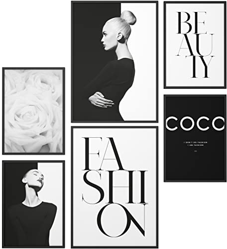 Papierschmiede® Set Mood Posters, Tableau Décoration Murale sans cadres « Coco Black Beauty » Bureau, Salon, Deco Chambre Parentale, Cuisine, 2x 30x40cm et 4x 20x30cm, noir blanc rose mode