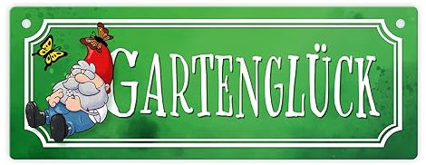 Gartenglück Metallschild mit Gartenzwerg und Schmetterlingen als Dekoration für den Garten, das Gartentor und Terrasse wenn du dein Glück im Grünen findest