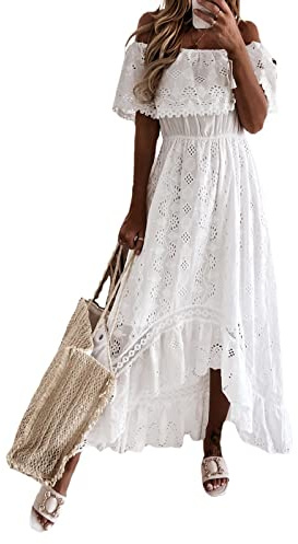 Geagodelia Robe Longue Femme Épaule Denudée Robe Évidée Ourlet à Volant Élastique Maxi Unie Ample Voyage (Blanc, S)