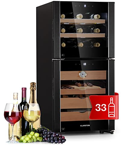 KLARSTEIN Humidor Puros y Vinoteca Capacidad, 89 l., para Botellas de Vino y Cerveza, Puerta de Cristal, Nevera Vino para Debajo Encimera, con Caja de Puros Fumar, Display LED y Termómetro