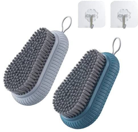 2PCS Nail Brush for Cleaning Fingernails, Heavy Duty Nail Cleaning Brushes, Durable Stiff Bristles Nail Hand Scrub Brush Fingernail Scrub Brush Toes, Attached 2Pcs Adhesive Hooks (Grey, Blue)