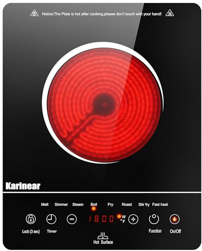 Karinear Portable Electric Cooktop, Electric Stove Single Burner Ceramic Cooktop with Touch Control, Child Safety Lock, Timer, Residual Heat Indicator, Overheat Protection, 1800W 110V Infrared Burner