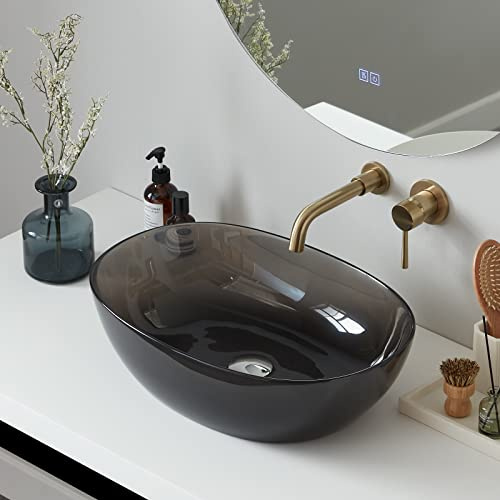 Cpingao 23x 15 Oval Translucent Bathroom Vessel Sink Above Counter for Cabinet, Art Basin Boat Shaped Stone Resin Countertop for Lavatory with Pop Up Drain Black