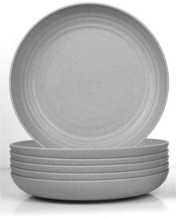 JSYMJSY Djup tallrikssats, 6 delar 25 cm stor mattallrik okrossbar, mattallrik plast återanvändbar, campingtallrik, lätt, plast BPA-fri mikrovågsugnssäker, grå