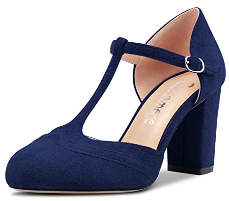 Castamere Donna Chunky Blocco Alto High Tacco Heel Rotonda Punta Pumps T-Strap Fibbia da Matrimonio Ufficio 8.5 CM Heels Blu Navy 41 EU