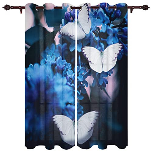 BIURKA 3D Vorhang Blickdicht，Blaue Blumen-Schmetterlinge 100% Polyesterfaser Wohnkultur Personalisierter Druck Kinder Vorhang Schlafzimmer 220x210cm