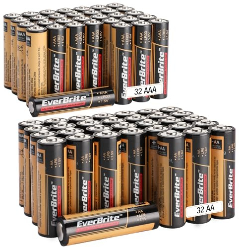 EverBrite 64pcs High Performance Alkaline Battery, 32-Pack AAA and 32-Pack AA Alkaline Battery, Triple A Batteries and Double A Batteries Household and Office Devices