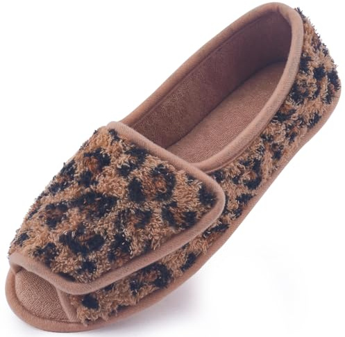 Git-up Diabetiker Hausschuhe für Frauen Memory Foam Arthritis Ödem verstellbare offene Zehen geschwollene Füße Hausschuhe, LeopardBraun 7