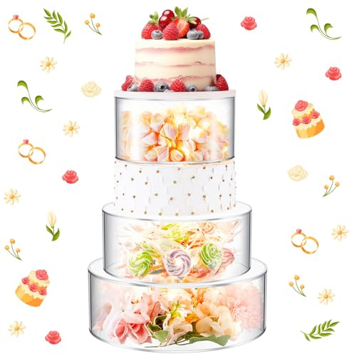 Sintuff 3 Pcs Acrylic Cake Stand with LED Lights 9‘’, 11‘’, 13‘’ Clear Fillable Cake Riser Round 3 Tier Case Box for Wedding Birthday Holiday Party Food Display, 3 Sizes