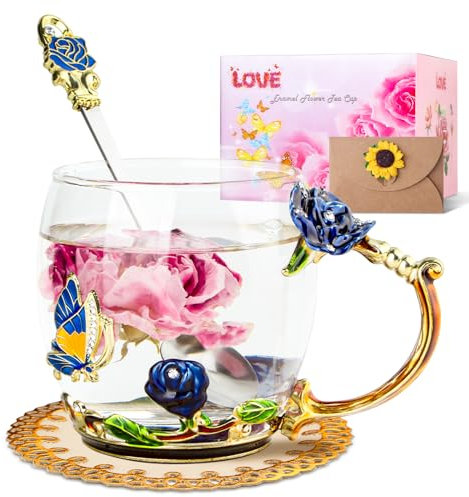 Homtibrm Birthday Gifts for Women Her Mom Teacher Friends Enamel Flower Tea Cup Glass Coffee Mug Gifts for Women Birthday,Mother's Day,Anniversary (Blue-Rose)