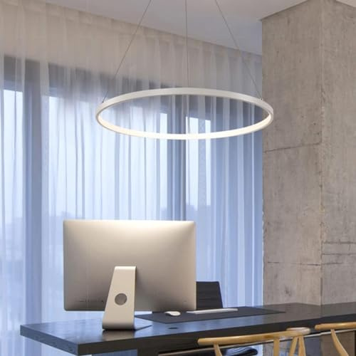 Aleaty Runde Esstisch Hängelampe Modern LED Pendelleuchte Wohnzimmer Kronleuchter Dimmbar Mit Fernbedienung Hängeleuchte Für Büro Wohnzimmer Küchen Leuchten Höhenverstellbar (Weiß, L80cm)