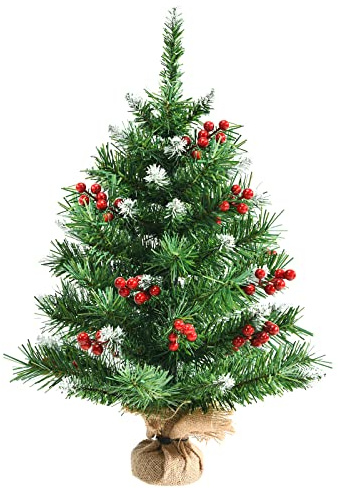 KOMFOTTEU 60 cm künstlicher Weihnachtsbaum mini, Tisch Christbaum mit mit roten Beeren, Kleiner Tannenbaum mit Zementfuß und PVC-Zweigen für Tisch, Grün