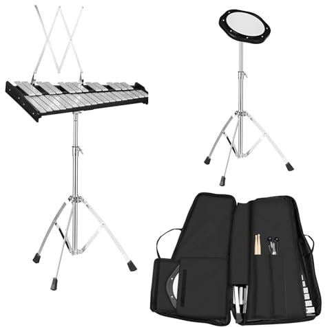 KOMFOTTEU Glockenspiel Set mit höhenverstellbarem Ständer, 30 Noten Xylophon mit 1 Paar Schlägeln & Drumsticks & 1 8-Winkel-Übungstrommel, Handpercussion tragbar für Kinder, Erwachsene