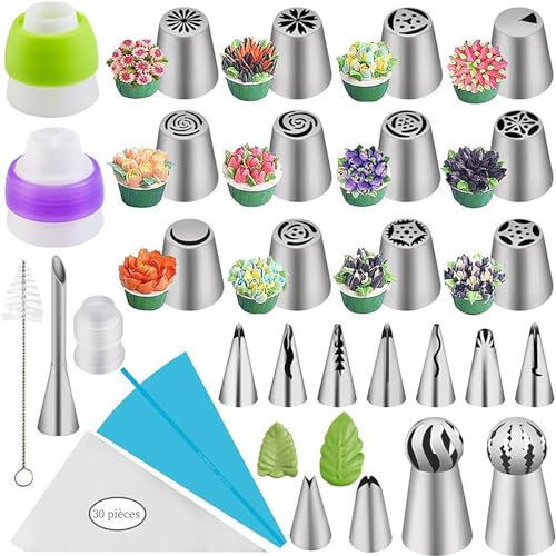 Lot de 59 Douilles de Pâtisserie Russe,Conseils Pour Le Glaçage Floral，Douilles Patisserie，Set d’Accessoires de Pâtisserie Pour Cupcakes