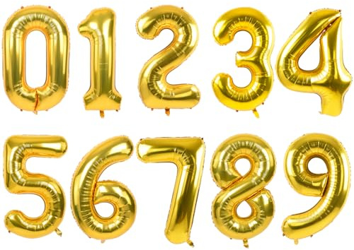 TONIFUL Number Balloons 16 Inch Gold 0-9 Number Mylar Foil Balloons 10 Pcs Gold Custom Digital Balloons for Birthday Party Engagement Graduations Anniversary Baby Shower Decorations Party Supplies