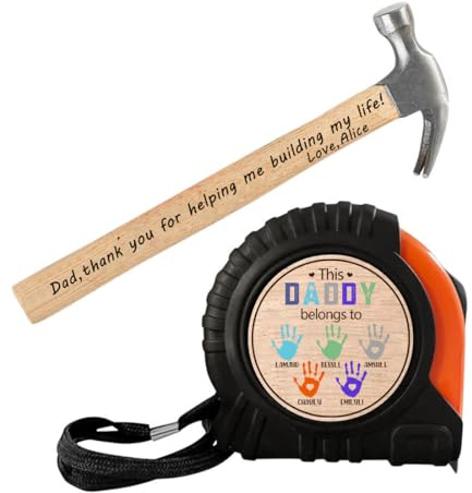 Qygtritvo Set di martello per metro a nastro, personalizzato, con nome inciso e manico in legno, regalo di compleanno per papà e papà (stile 3)