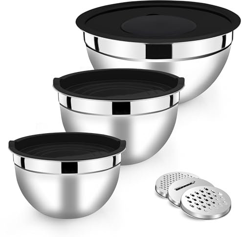 Herogo Mixing Bowl Set of 3, Stainless Steel Salad Bowl with Airtight Lids, Kitchen Metal Nesting Bowl with 3 Grater Attachments for Baking/Cooking, Space-Saving & Easy Storage, Dishwasher Safe